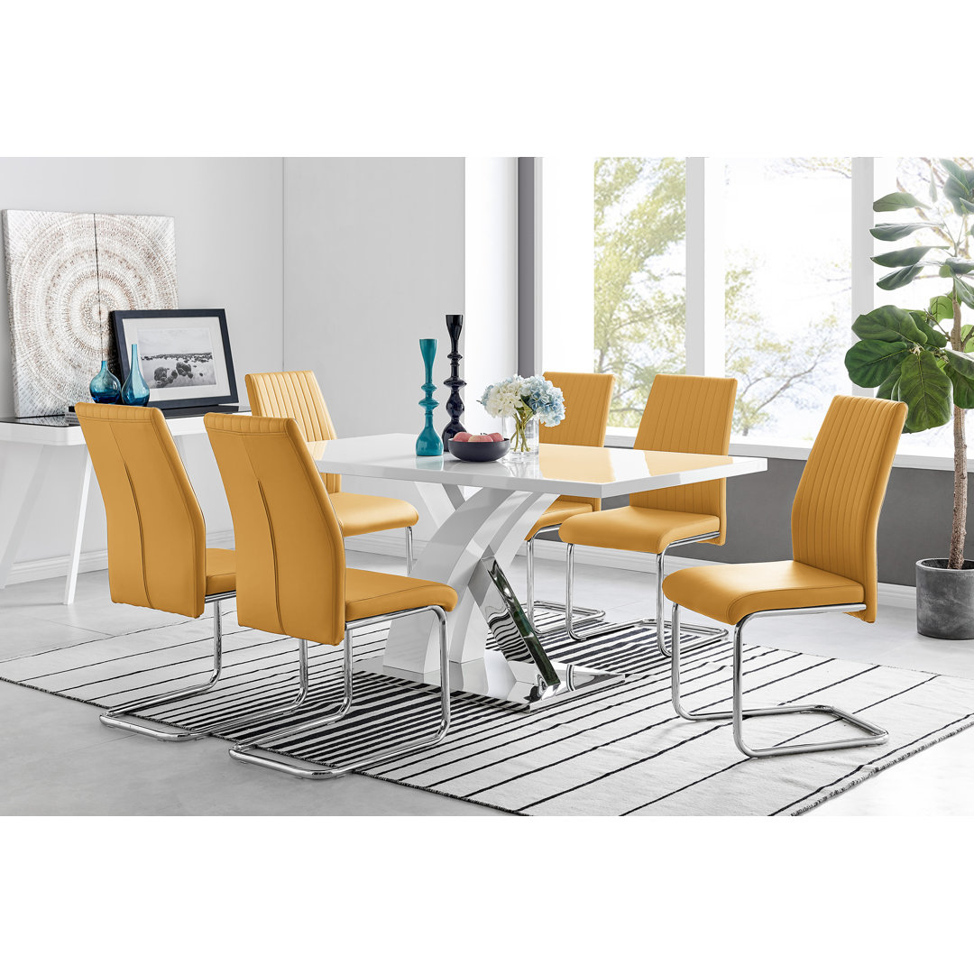 Edzard Chrome & White High Gloss Dining Table Set with 6 Luxury Faux Leather Dining Chairs East Urban Home