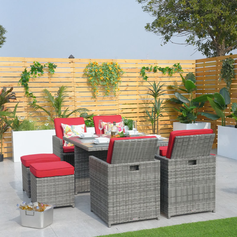 8 - Person Wicker Patio Dining Set with Square Table , Cushions Included, Gray, Red