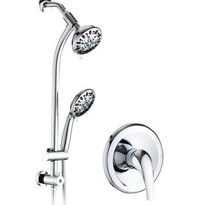 Pomme de douche double en nickel brossé avec perceuse - barre coulissante en acier inoxydable et gicleur de massage à 7 réglages 5 pouces