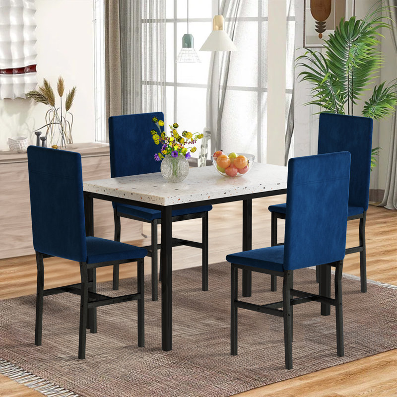 Keveen 5 - Person Faux Marble Top Four Leg Dining Set, Blue