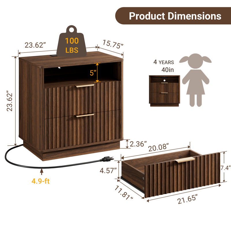 Seyla 23''W Nightstand Set of 2 with 2-Drawer Open Cubby, Built-In Charge Outlets, Walnut Wood Grain/Oak Textured, Set of 2