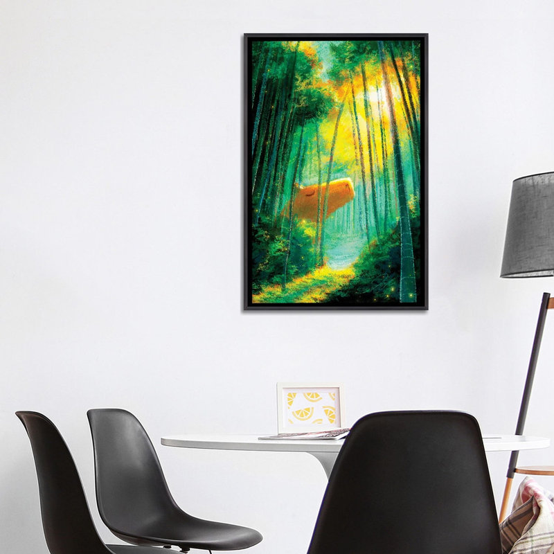 Capybara dans la forêt de bambous - reproduction d'art murale - toile encadrée, 40 po x 26 po, Toile avec cadre, Noir patiné