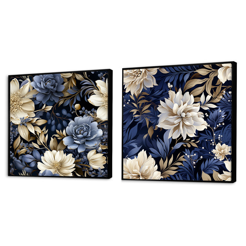 Vasbinder - Ensemble de 2 collages carrés floraux, Cadre flottant noir, H 16 po x l 33 po