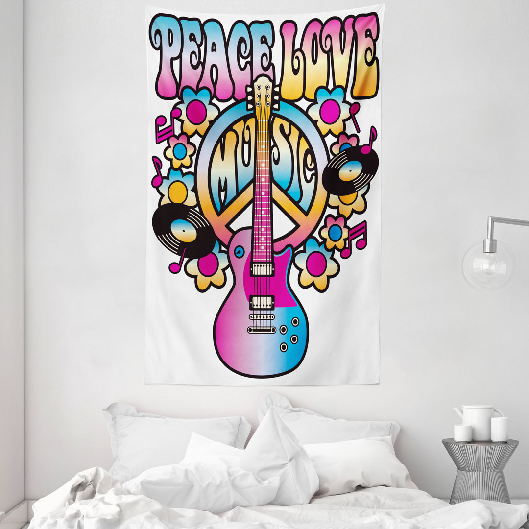 Wandteppich, Peace Love Vinyl Musik, Bunt, Blau Gelb Rosa