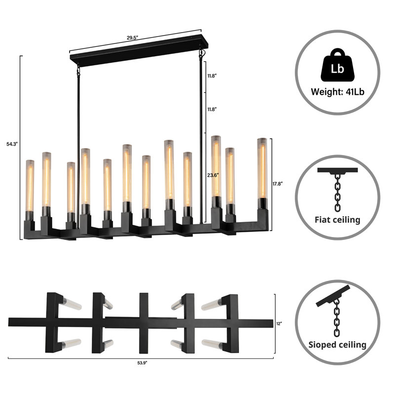 Naviel 12-Light Glass Tube Linear Chandelier , Matte Black, 17.8" H x 55" W x 12.6" D