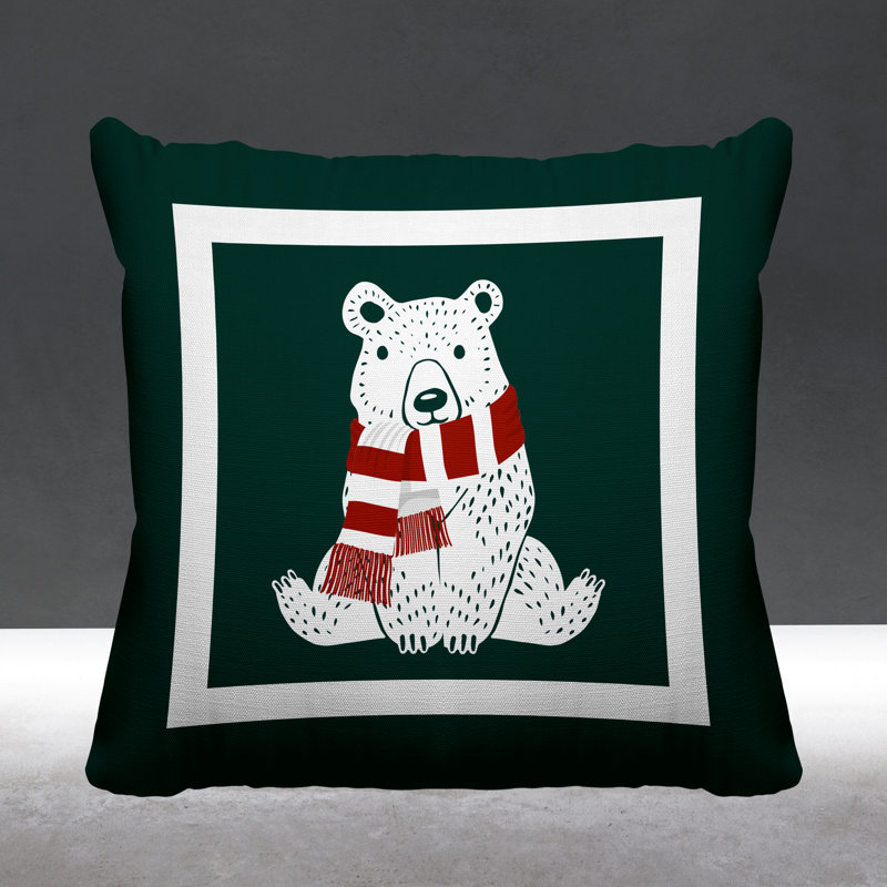 Coussin intérieur / extérieur Folk Christmas Bear, L 15 po x H 15 po, Vert