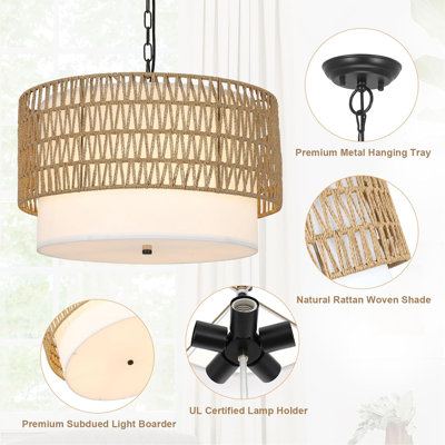 Lustres de style campagnard pour la salle à manger, lustre en rotin 5 lumières Boho avec abat-jour en tissu, grand luminaire en rotin tissé à la main pour la cuisine