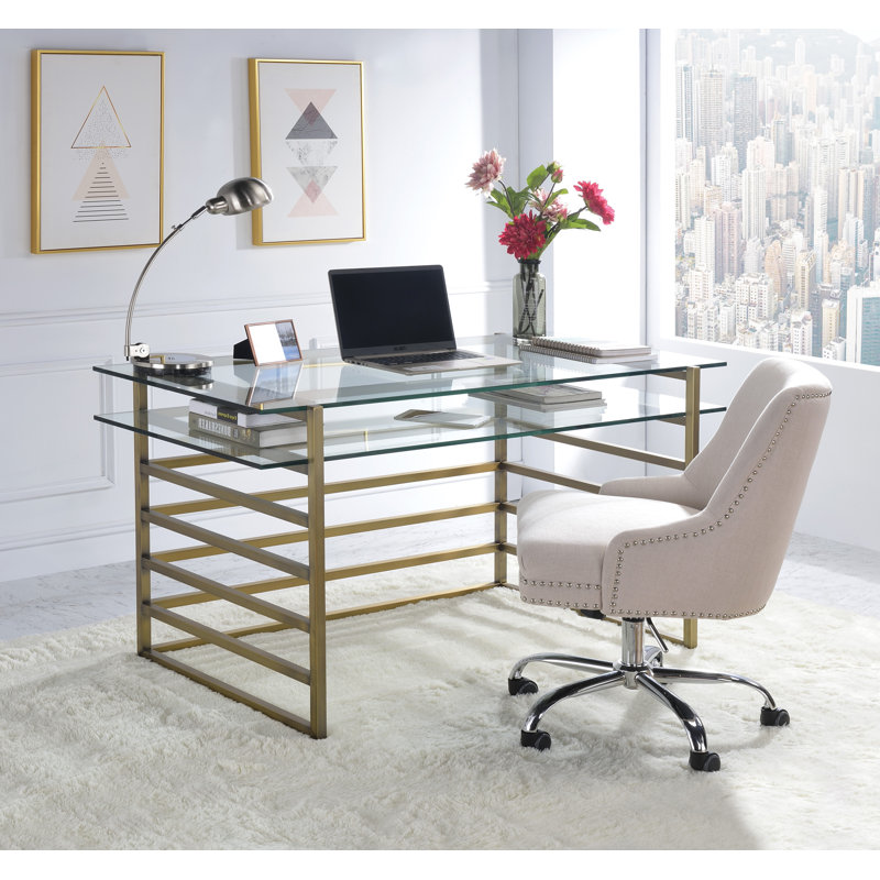 Karwan Metal Base Glass Top Writing Desk in Antique Gold and Clear