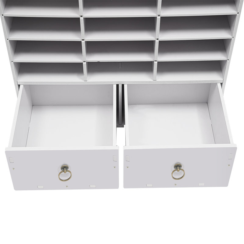 Paper And Mail Organizer Storage Cabinet With 24 Compartments And 2 Drawers, White