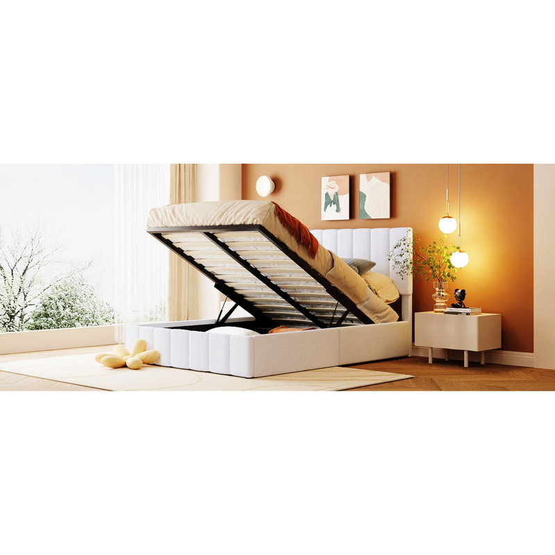 Lit double rembourré avec rangement hydraulique en blanc. Structure robuste en contreplaqué, 12 lattes. Pas de sommier tapissier. Revêtement élégant en tissu de lin. Capacité de poids de 400 lb. Matelas L 78,3 po x l 57,4 po x H 45,5 po