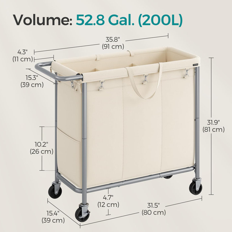 3-section Rolling Laundry Hamper, Cream White