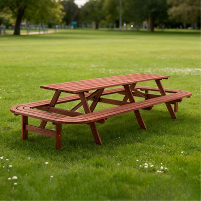 Table de pique-nique avec bancs pour 14 à 16 personnes, table rectangulaire d'extérieur en bois de près de 8 pieds de long pour patio, jardin, cour arrière, grand ensemble de salle à manger extérieur avec trou pour parasol