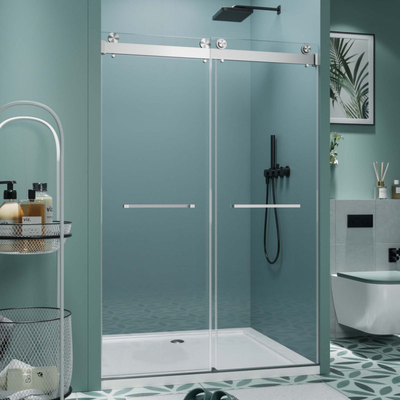 Porte de douche coulissante double sans cadre, écran de douche à fermeture en douceur, verre trempé transparent de 5/16 po (8 mm) avec film antidéflagrant, deux poignées de porte en acier inoxydable