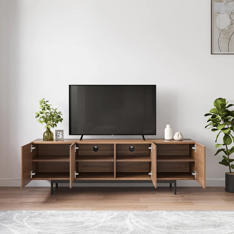 Meuble télé Mid-Century moderne pré-assemblé, H 21,25 po x L 62,99 po x l 15,75 po, Brun