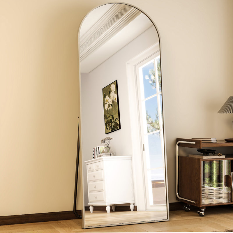 Arched Aluminum Alloy Framed Full Length Mirror with Stand Large Wall Mirror, 177.8cm H x 66cm W, Silver