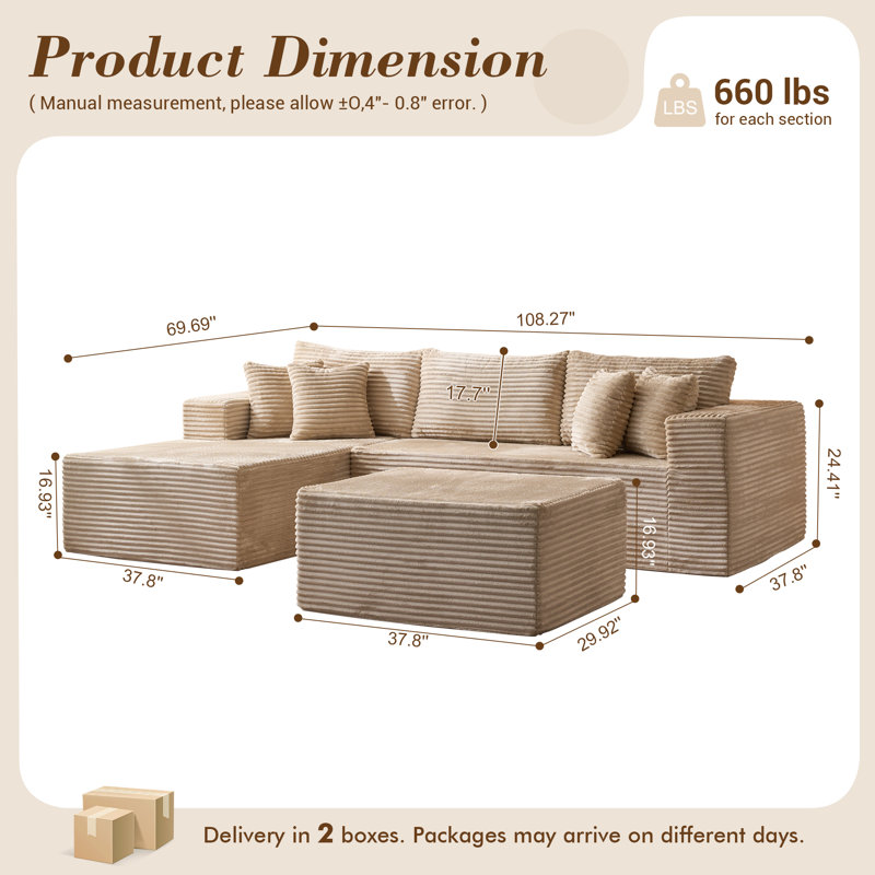 Canapé modulaire rembourré 3 pièces Boneless, Velours côtelé beige