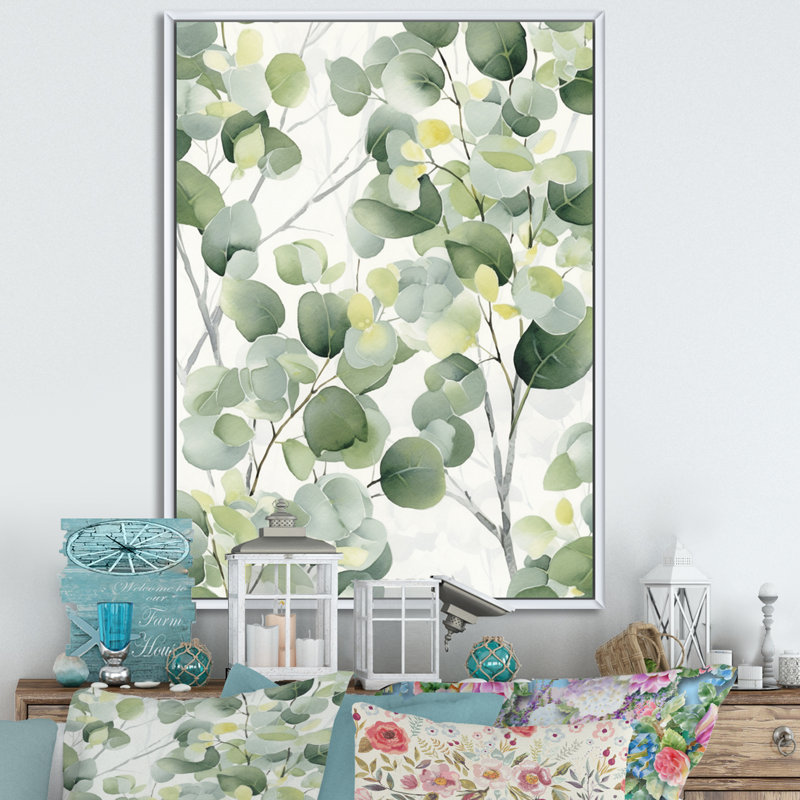 «White Green Minimalisme Eucalyptus Essence IV» sur toile, Cadre flottant blanc, H 32 po x l 24 po x P 1,5 po