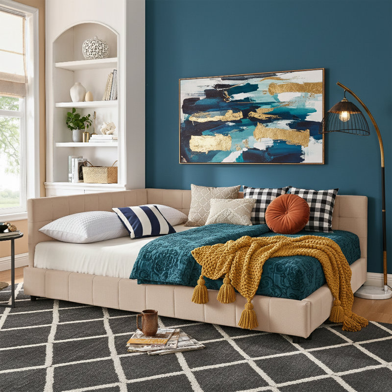 85.5 Inch W Queen Size Upholstered Tufted Daybed Frame With Backrest And Armrests Black Velvet, Pink