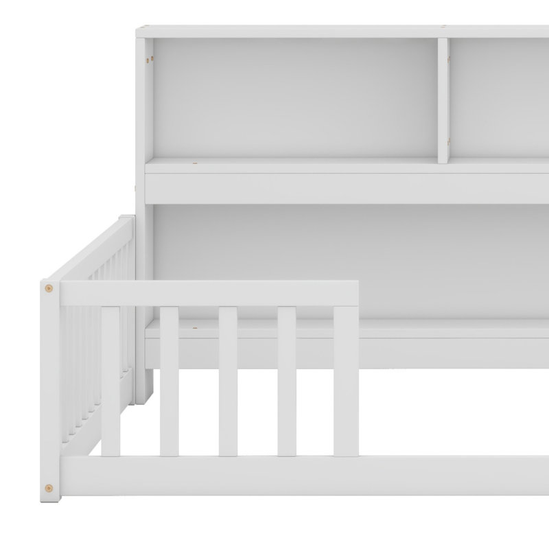 Floor Bed With Side Bookcase,Shelves,Guardrails, White