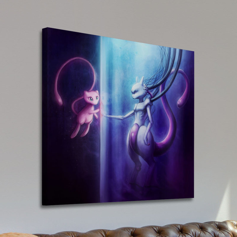 «Mewtu And Mew», reproduction d'art graphique sur toile tendue, H 18 po x l 18 po