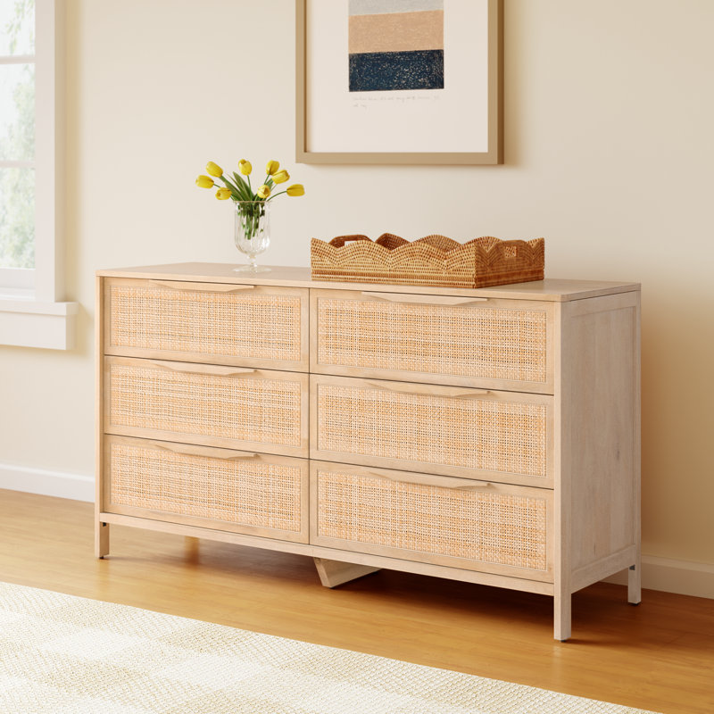 Nellie 6 Drawer Cane Dresser, Beige