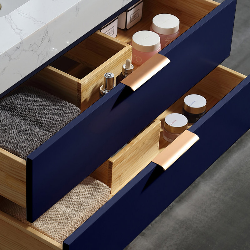 Meuble-lavabo mural simple en bois massif de 48 po avec comptoir en pierre et lumière, Bleu