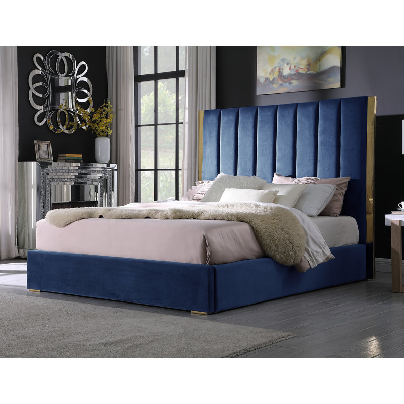 Solid Wood and Upholstered Low Profile Platform Bed, California King, Blue