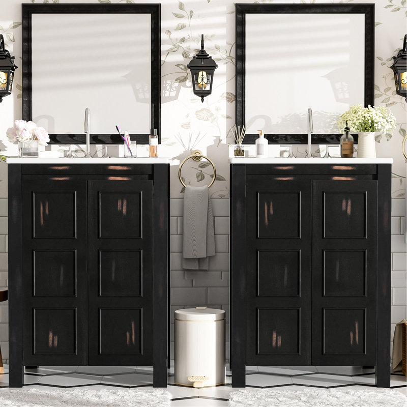 Meuble-lavabo 48 po avec double meuble-lavabo, lavabos en céramique, bois massif +, texture vieillie, petit meuble-lavabo fait à la main, look rétro et tablette de rangement réglable
