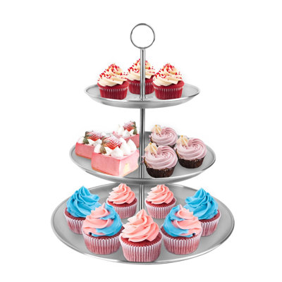 Présentoir à cupcakes argenté à 3 niveaux en acier inoxydable avec plateau amovible pour les fêtes,