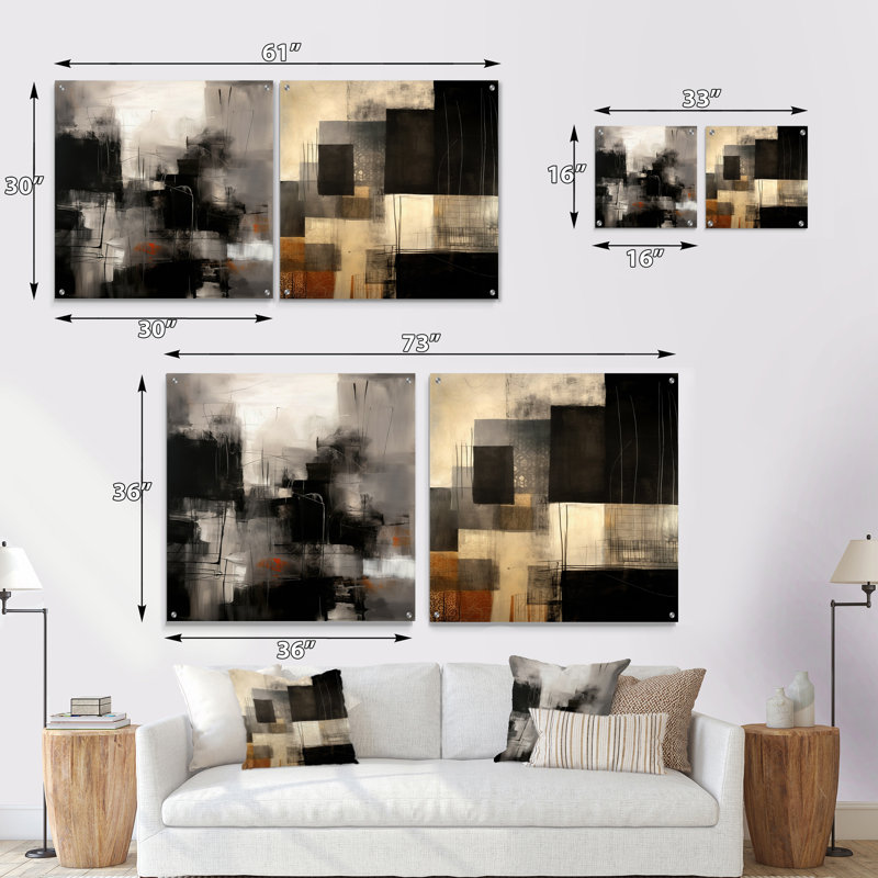 «Black Mid Century Fusion I», ensemble d'art mural en verre abstrait Mid-Century, H 36 po x l 73 po