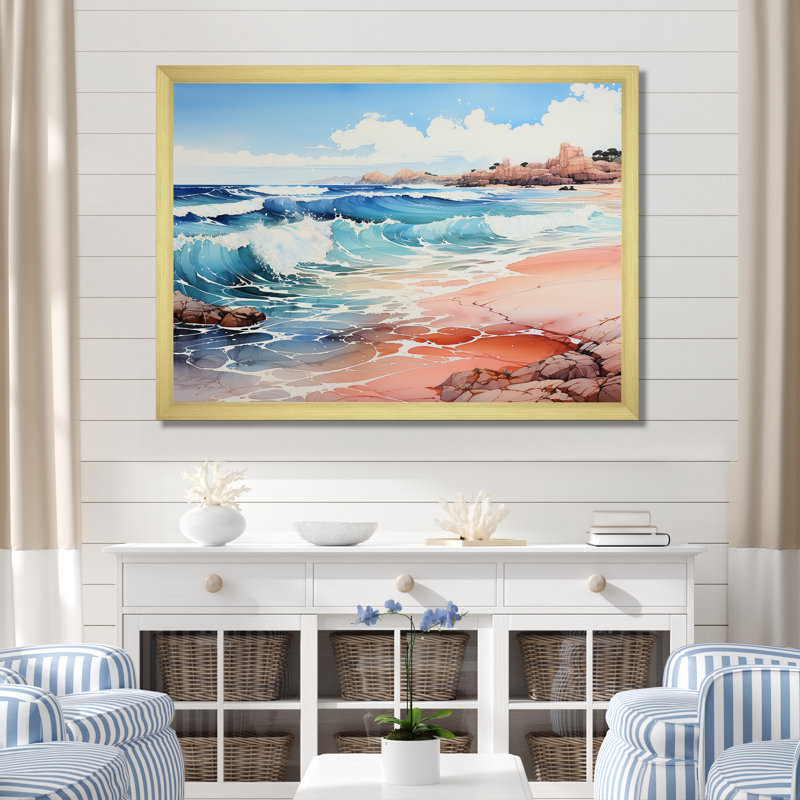" Blue Beach Waves Fusion ", Gold Single Picture Framed, 24" H x 32" W x 1" D