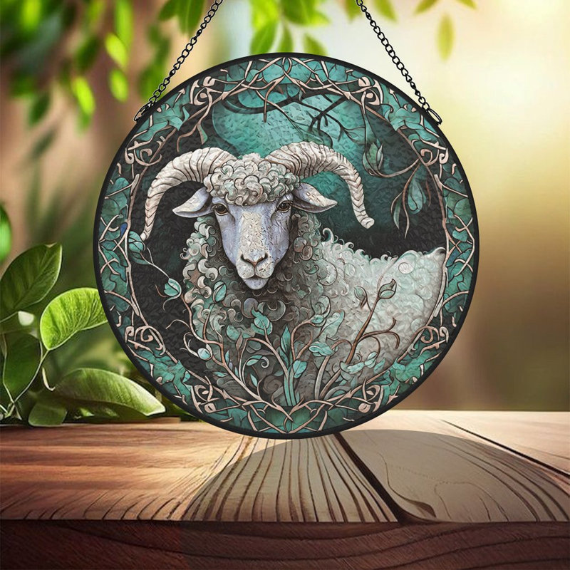 Ram au milieu des panneaux de vitrail floral Suncatcher pour décor de fenêtre, 3,5 x 3,5 po (9 x 9 cm)