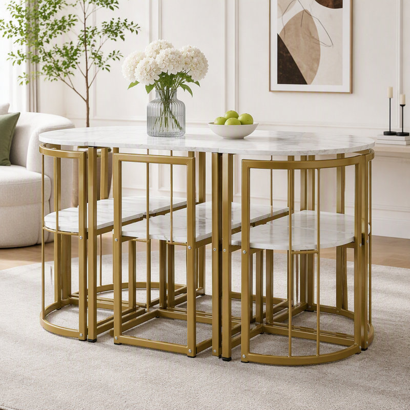 Ensemble de salle à manger moderne de 7 pièces avec table en faux marbre, Golden/White(Old Sku)