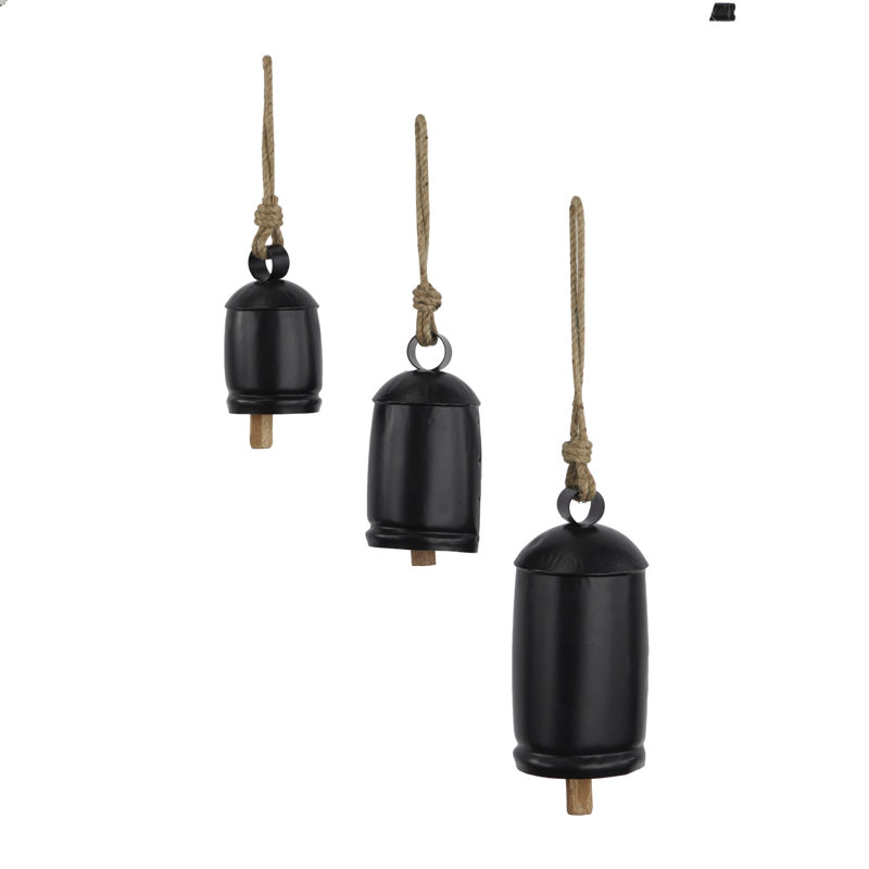 Kaskaskia Metal Tibetan Inspired Indoor Outdoor Decorative Cow Bells with Jute Hanging Rope Set, Black