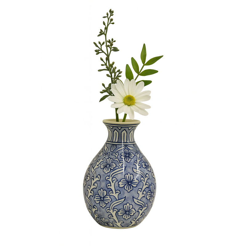Home&Manor Ceramic Bottle Vase Light Blue, Light Blue/White
