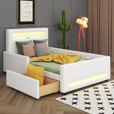 Structure de lit tapissier avec tiroir, lit plateforme en similicuir avec lumières DEL et ports USB