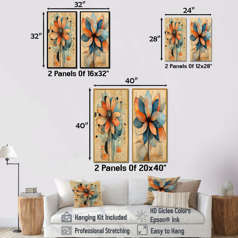 Pastel géométrique Dahlia Twist I - art mural floral, collection 2 panneaux, H 32 po x l 33 po, Cadre flottant doré