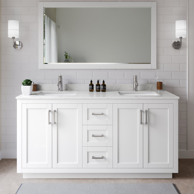 Meuble-lavabo double autoportant de 66 po avec plateau en marbre Miranda, Nickel brossé, Blanc, Marbre de culture de Carrare