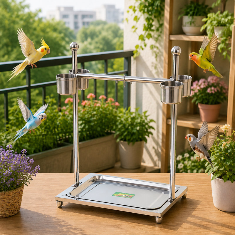 Support pour perroquet autoportant en acier inoxydable, perchoir de formation pour oiseaux avec 4 tasses d'alimentation et plateau à déchets, station d'oiseaux interactive pour perroquets moyens et grands