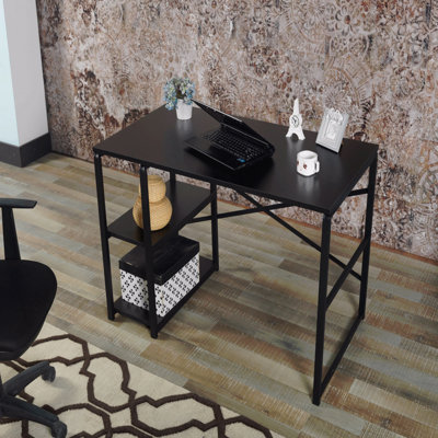 47" Writing & Computer Desk, Black Sage Metal Frame Wooden Top 2 Shelves for Home Office