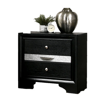 Table de chevet classique et contemporaine 1pc en noir, table de chevet à 2 tiroirs avec bouton rond en nickel et panneaux à tiroirs doublés de feutre noir, anglais