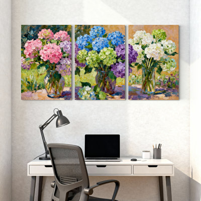 Ensemble de 3 tableaux sur toile représentant des hortensias, pour la décoration du salon, de la chambre et de la maison.