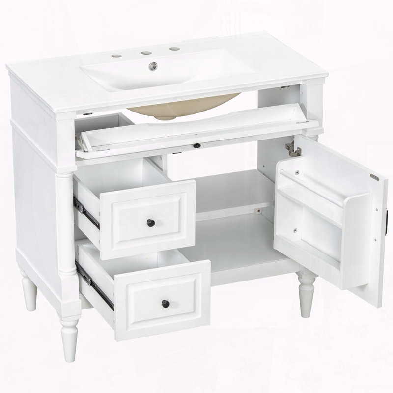 Meuble-lavabo moderne de 36 pouces avec lavabo en cÃ©ramique et tiroir Ã  abattant, White