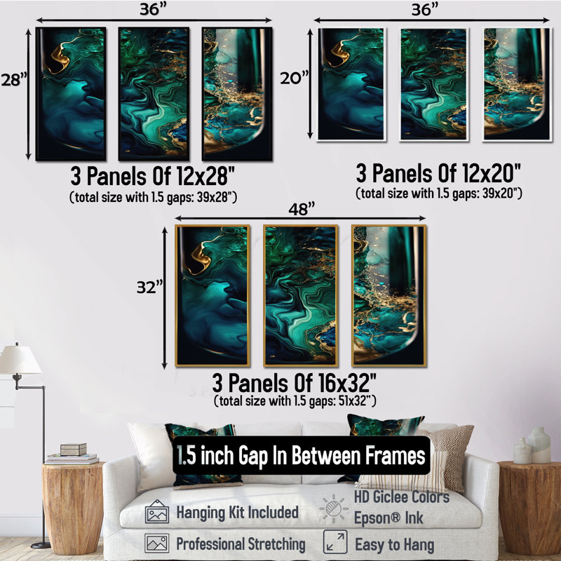 Géode abstraite marbre vert et bleu II, reproduction sur toile 3 pièces, H 28 po x l 36 po x P 1 po, Cadre flottant noir