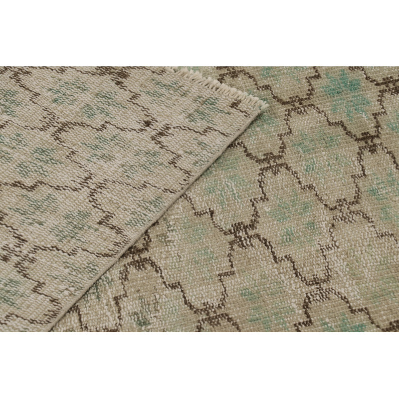 Vintage Turkish Runner Rug, Green And Beige With Geometric Patterns – Rug & Kilim