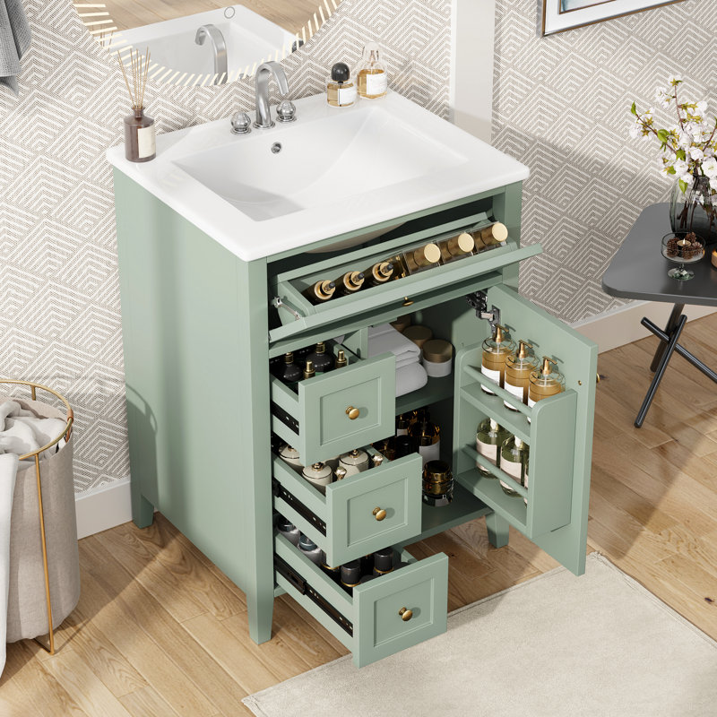 Meuble-lavabo de 24 po avec lavabo, panneau de fibres à densité moyenne et bois d'hévéa, 3 tiroirs et armoire avec tablettes réglables