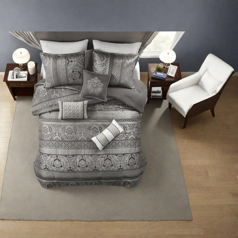 Luxurious Grey Jacquard Bedding Sets, Polyester Comforter With Elegant Design
