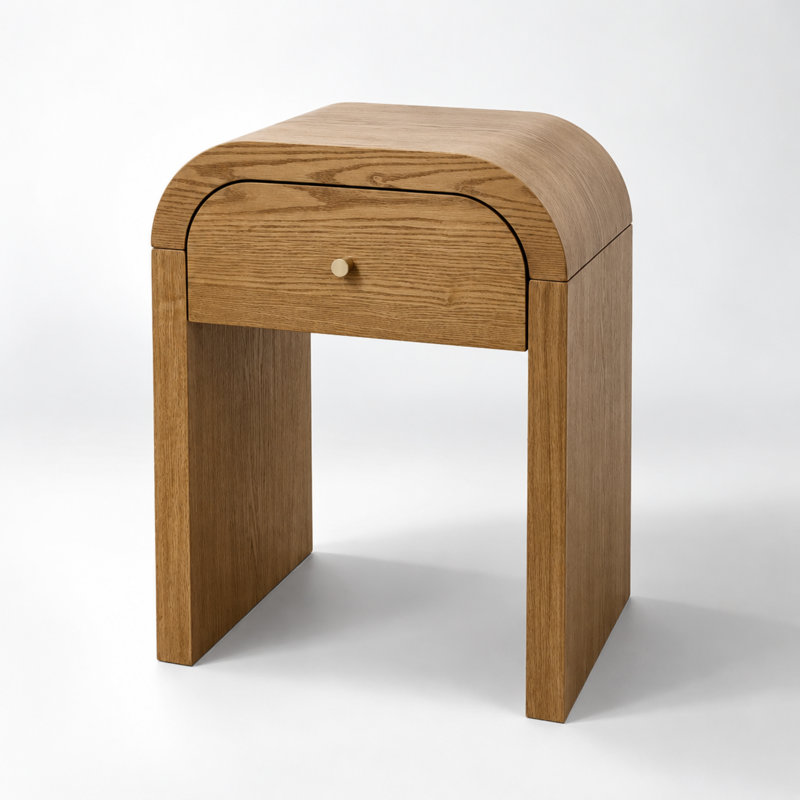 Table de chevet en bois courbé avec tiroir et plateau arrondi, Brun