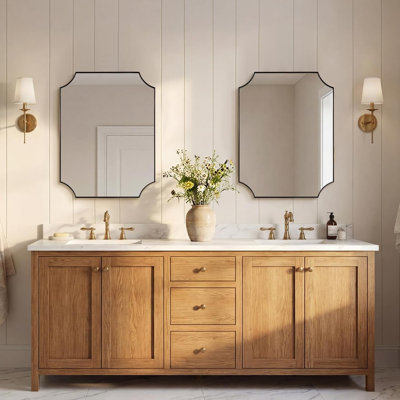 Tariro Contemporary Notched Corner Scalloped Rectangle Bathroom Vanity Mirror | Stainless Steel Frame