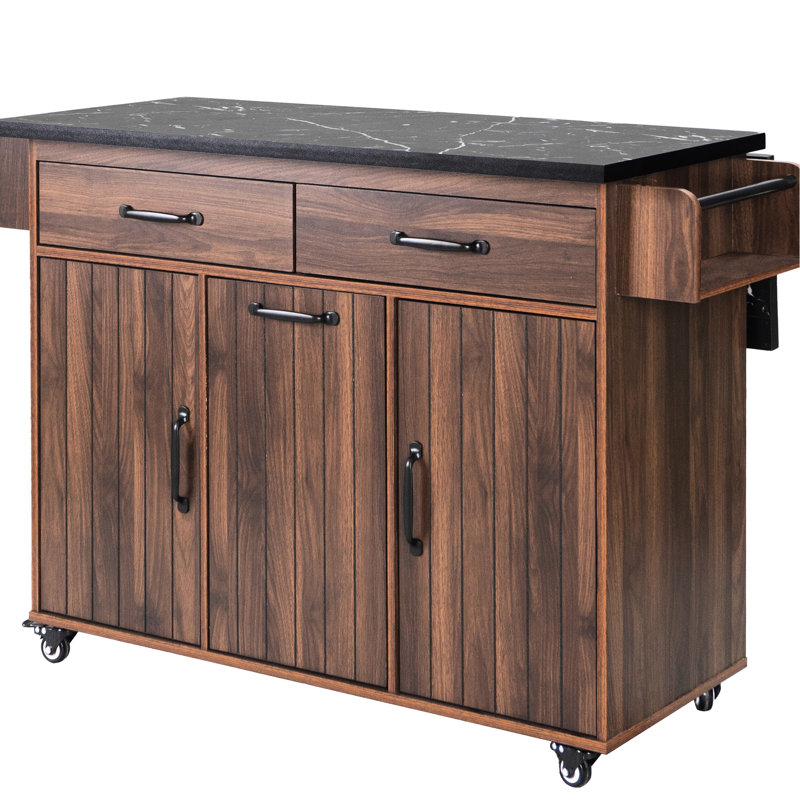 Îlot de cuisine mobile avec poubelle intégrée, abattant rabattable, étagère réglable, porte-épices, placard de luxe au fini noyer et étagère à serviettes - Brun